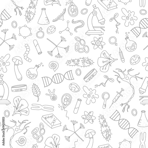 Seamless background with hand drawn icons on the theme of biology,dark outline on a light background 