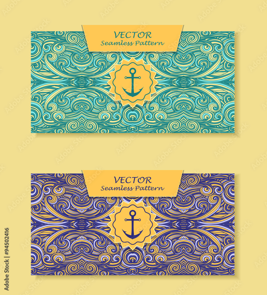 Set Horizontal banners with abstract handmade waves anchor  in blue marine beige for package or template for advertising cosmetic perfumer