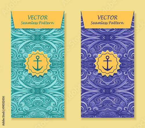 Set Vertical banners with abstract waves in blue marine