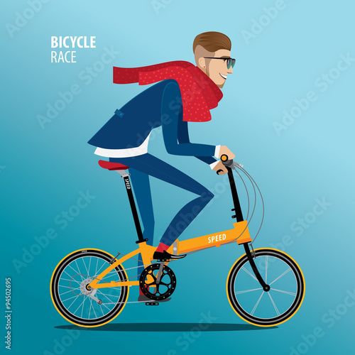 Fashionable man rides on a folding bike