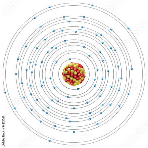 Astatium atom on a white background photo