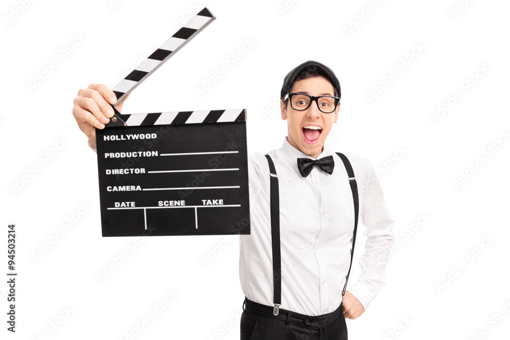 Excited movie director holding a clapperboard Excited movie director holding a clapperboard