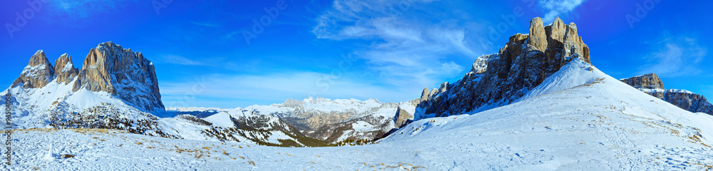 Beautiful winter mountain panorama (Sella Pass , Italy).