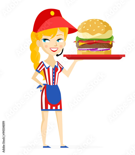 mujer con uniforme sirviendo una hamburguesa gigante