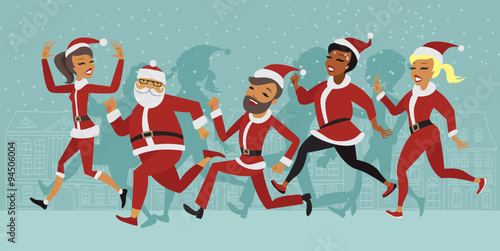 People characters participants of Santa fun race marathon