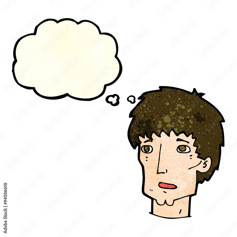 cartoon worried man with thought bubble