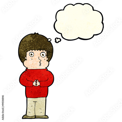 cartoon shy boy with thought bubble