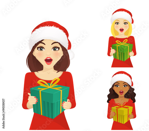 Surprised beautiful womans smiling with open mouth holding gift