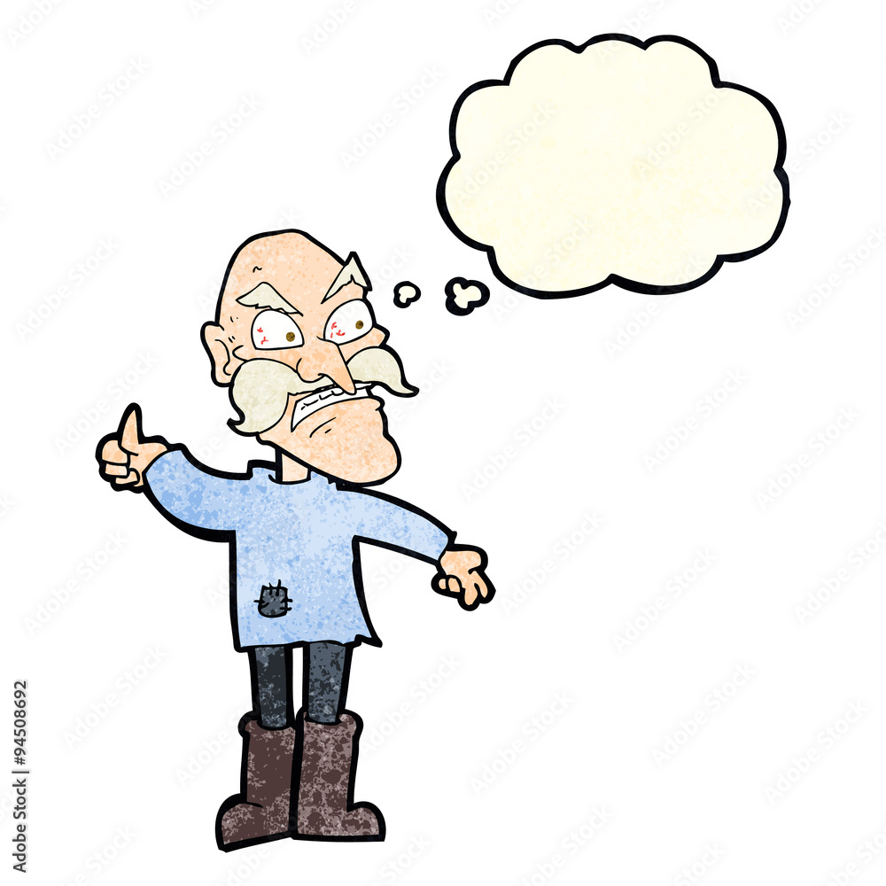 cartoon angry old man in patched clothing with thought bubble cartoon angry old man in patched clothing with thought bubble