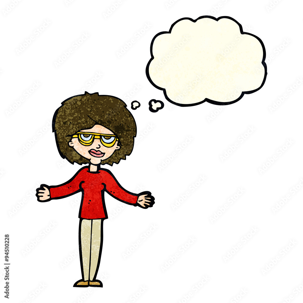 cartoon woman wearing spectacles with thought bubble cartoon woman wearing spectacles with thought bubble