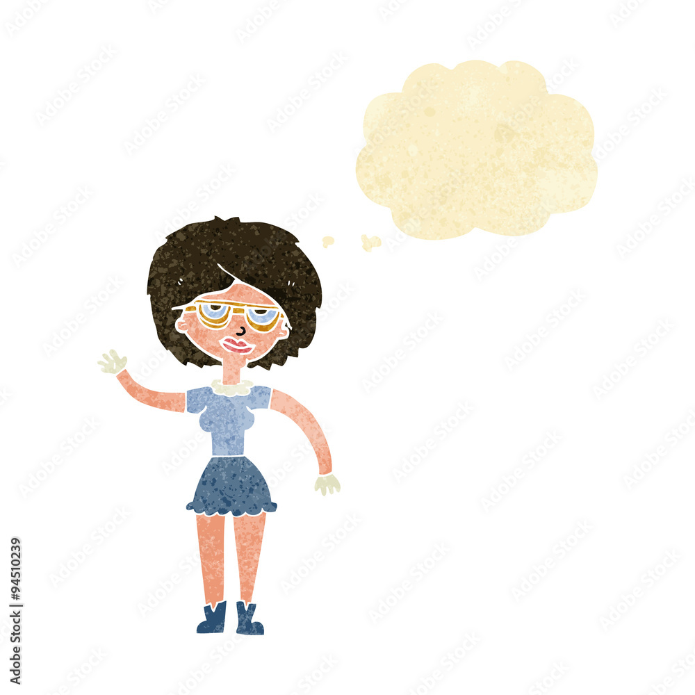 cartoon waving woman wearing spectacles with thought bubble cartoon waving woman wearing spectacles with thought bubble