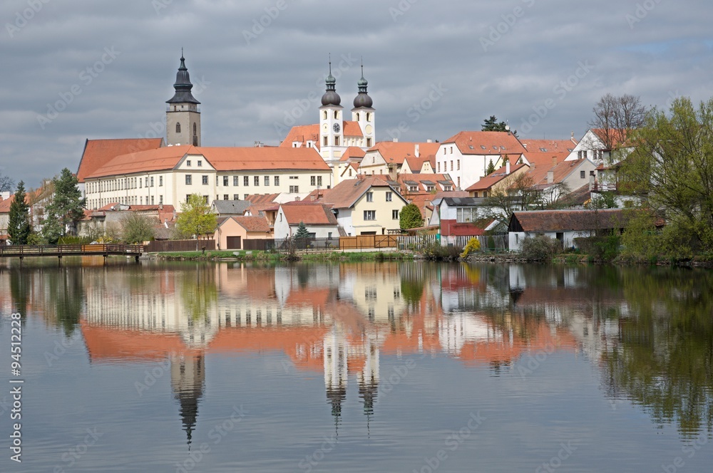 Telc, the historic renaissance town surrounded by ponds in the Vysocina, Czech Republic.