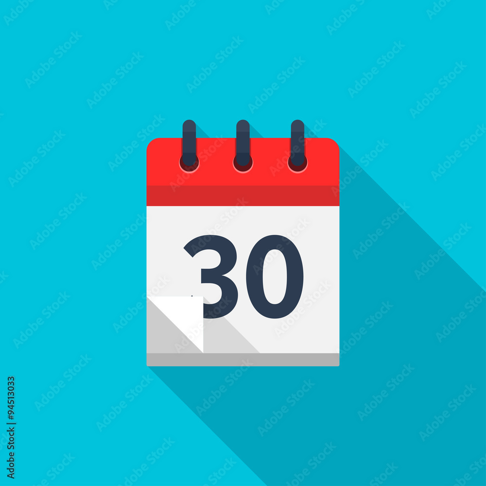 Flat calendar icon. Date and time background. Number 30 Flat calendar icon. Date and time background. Number 30