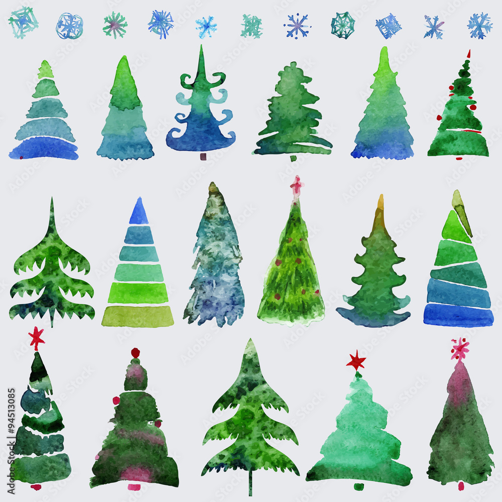 Christmas trees and snowflake set of holidays hand drawn paint winter season. Christmas trees and snowflake set of holidays hand drawn paint winter season.