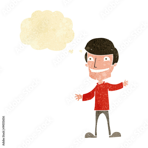 cartoon grinning man with thought bubble