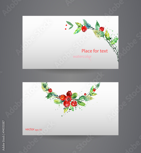 Business cards template. Illustration with watercolor leaves and cranberry. Colorful watercolor.