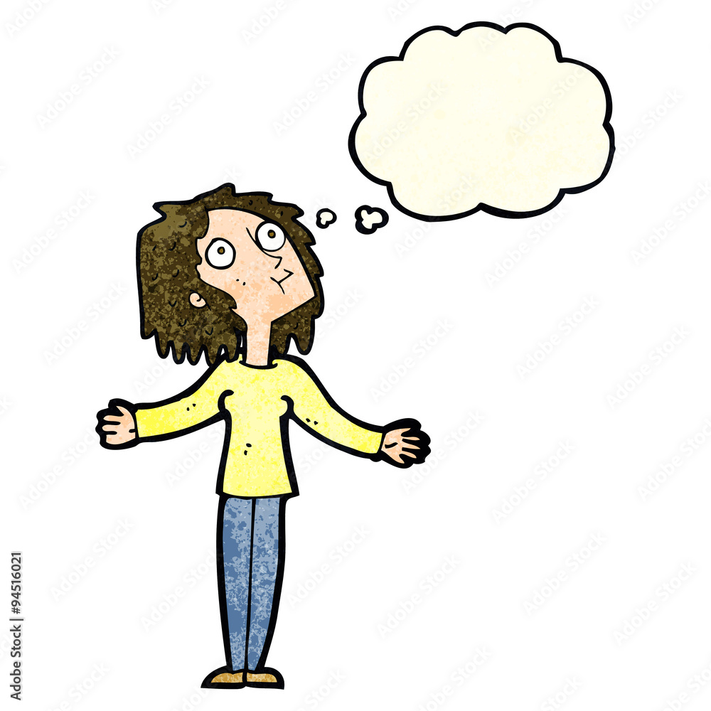 cartoon curious woman looking upwards with thought bubble cartoon curious woman looking upwards with thought bubble