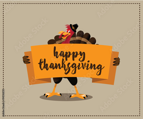 Happy Thanksgiving cartoon turkey holding banner design. royalty free stock illustration for greeting card, ad, promotion, poster, flier, blog, article, social media, marketing
