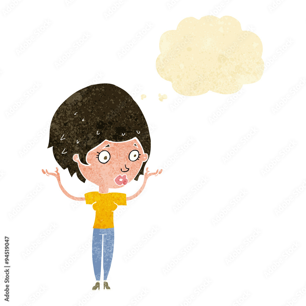 cartoon woman raising hands in air with thought bubble cartoon woman raising hands in air with thought bubble