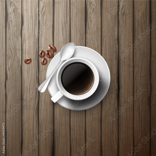 White coffee cup on wooden board, realistic vector illustration.