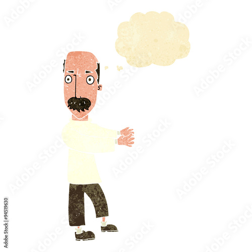 cartoon balding man explaining with thought bubble