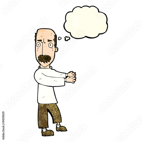 cartoon balding man explaining with thought bubble