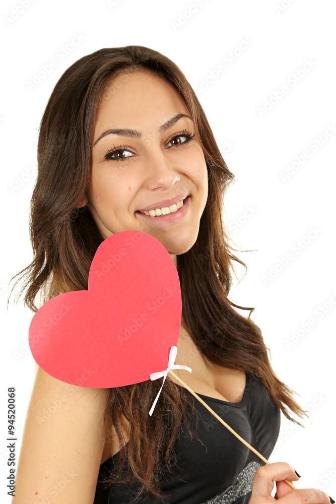 Beautiful woman with valentines day heart on white background