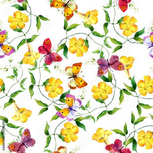 Yellow flower and butterfly. Seamless floral print. Watercolour  © zzorik