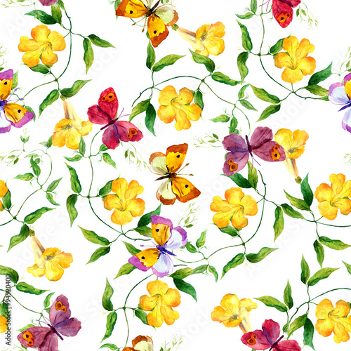 Yellow flower and butterfly. Seamless floral print. Watercolour 