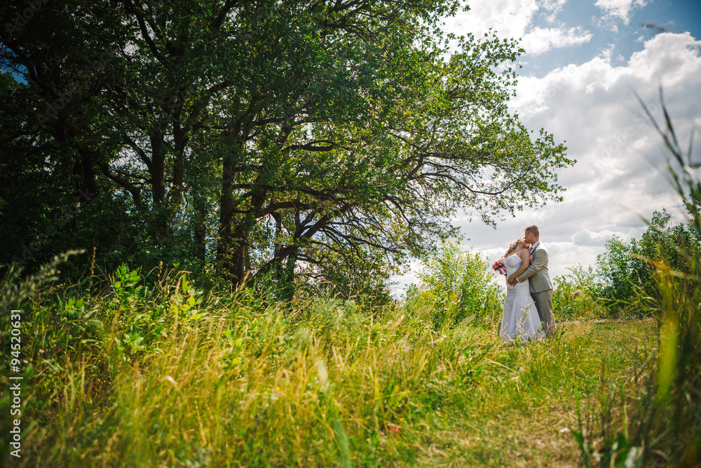  beautiful young couple stand on background forest