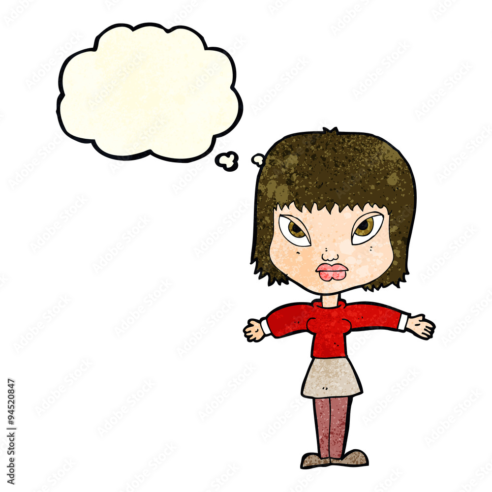 cartoon woman with outstretched arms with thought bubble cartoon woman with outstretched arms with thought bubble