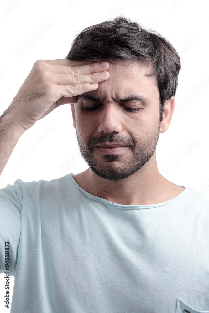 Sinus pain, sinus pressure, sinusitis. Sad man holding his head Sinus pain, sinus pressure, sinusitis. Sad man holding his head