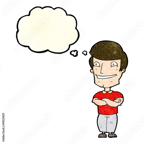 cartoon grinning man with thought bubble