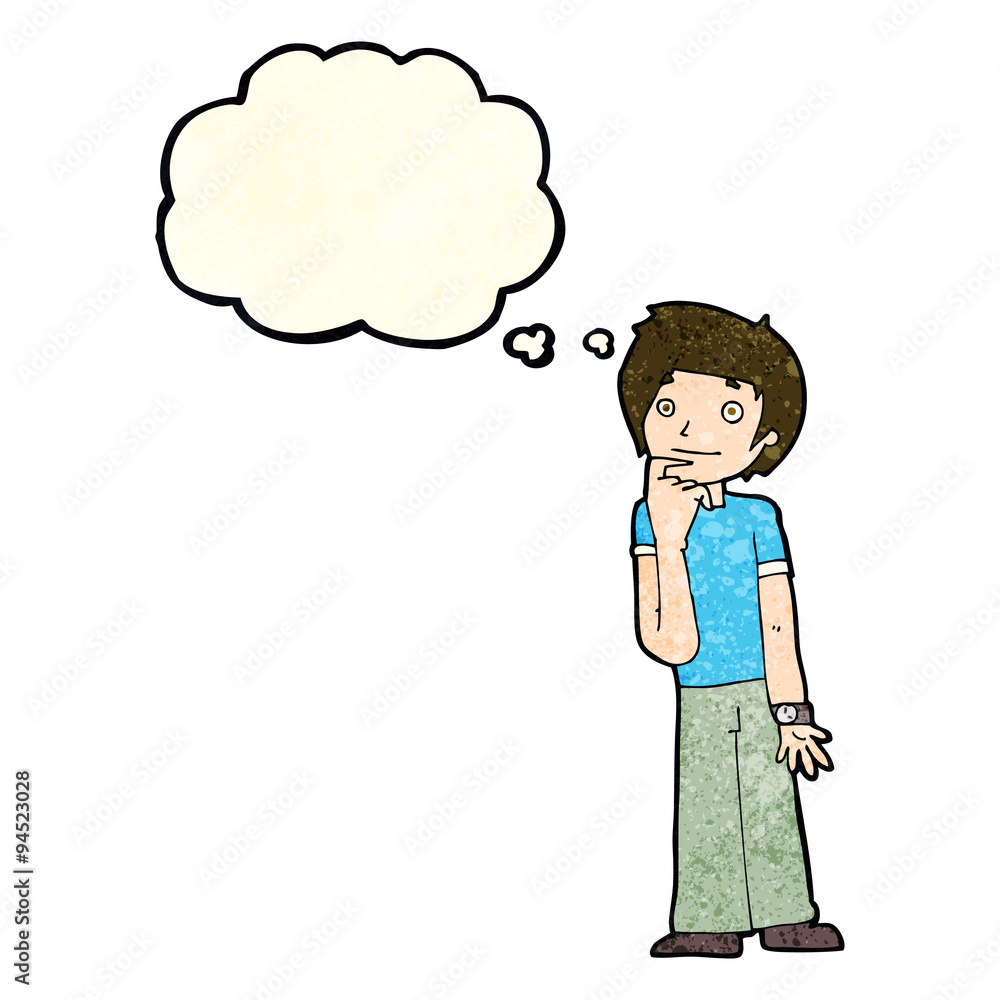 cartoon boy wondering with thought bubble cartoon boy wondering with thought bubble