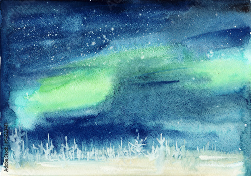 Winter landscape with snowy pine forest and aurora starry sky. Watercolor painting.