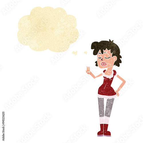 cartoon woman making dismissive gesture with thought bubble