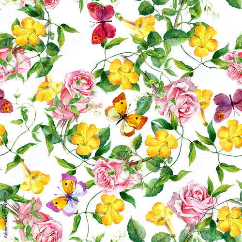  Repeating pattern with yellow flowers and roses, watercolor © zzorik