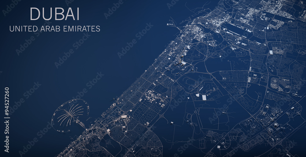 Naklejka premium Cartina Dubai, vista satellitare, sezione 3d, Emirati Arabi Uniti