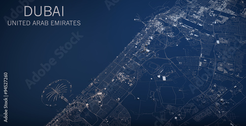 Cartina Dubai, vista satellitare, sezione 3d, Emirati Arabi Uniti photo