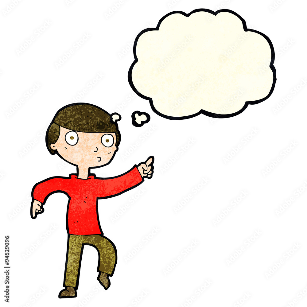 cartoon boy pointing with thought bubble cartoon boy pointing with thought bubble