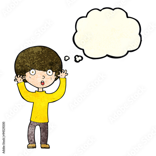 cartoon startled boy with thought bubble