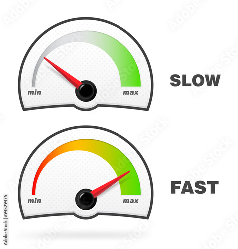 Max and min speedometer with red arrow on white background.