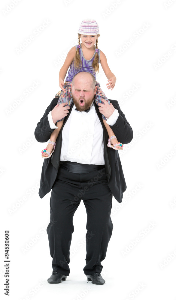 Little Girl Sitting on Shoulders Man Have Fun Little Girl Sitting on Shoulders Man Have Fun