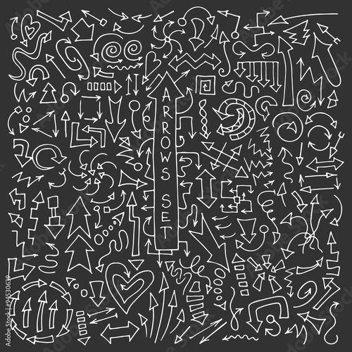 Cartoon sketch arrow set. Hand Drawn Doodle Arrows collection. Decorative vector illustration isolated on dark background. All arrows organized in groups for easy editing.