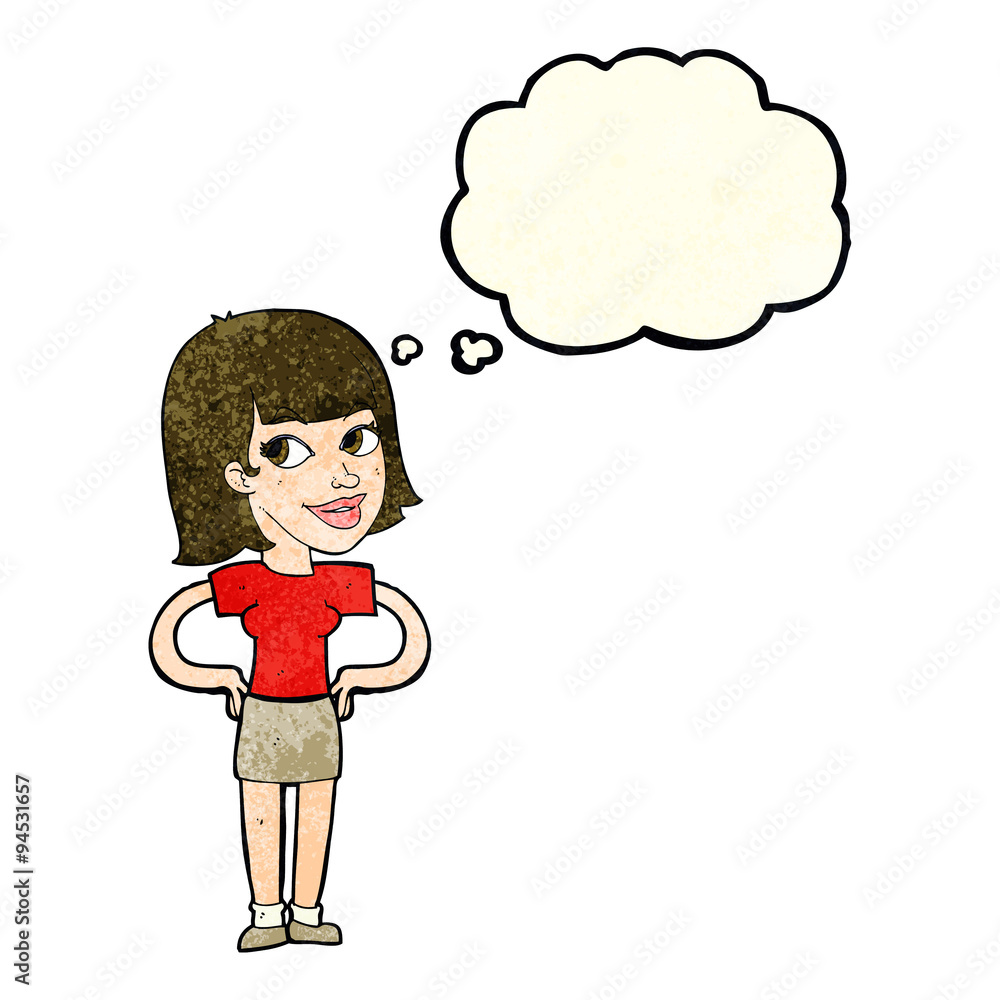 cartoon happy woman with hands on hips with thought bubble cartoon happy woman with hands on hips with thought bubble