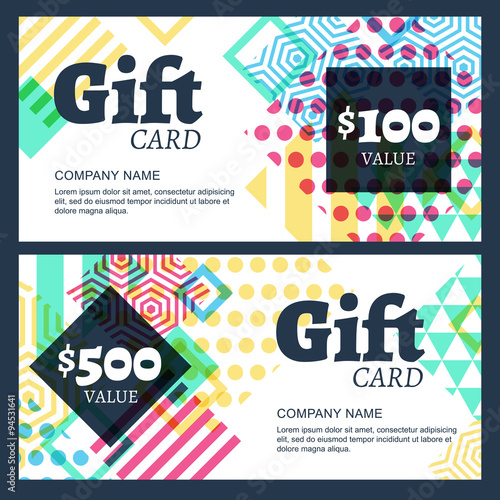 Vector gift voucher with multicolor geometric pattern.