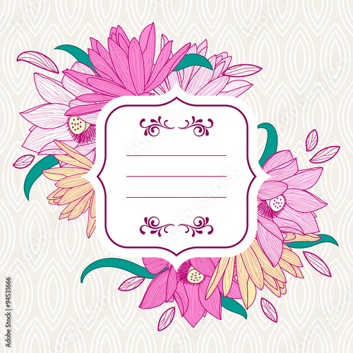 Fototapeta Naklejka Na Ścianę i Meble -  Square white frame with pink lotus and lily flowers.