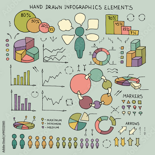 Set of doodle business management infographics elements. Hand drawn sketch graphics, diagrams, charts, arrows. Vector file organized in groups for easy editing.