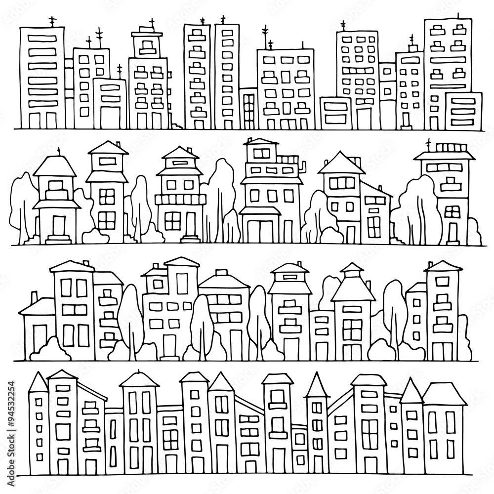 Sketch big city architecture with houses, skyscrapers, trees. Panorama set of streets in a row. Hand-drawn vector illustration isolated on white and organized in groups for easy editing.