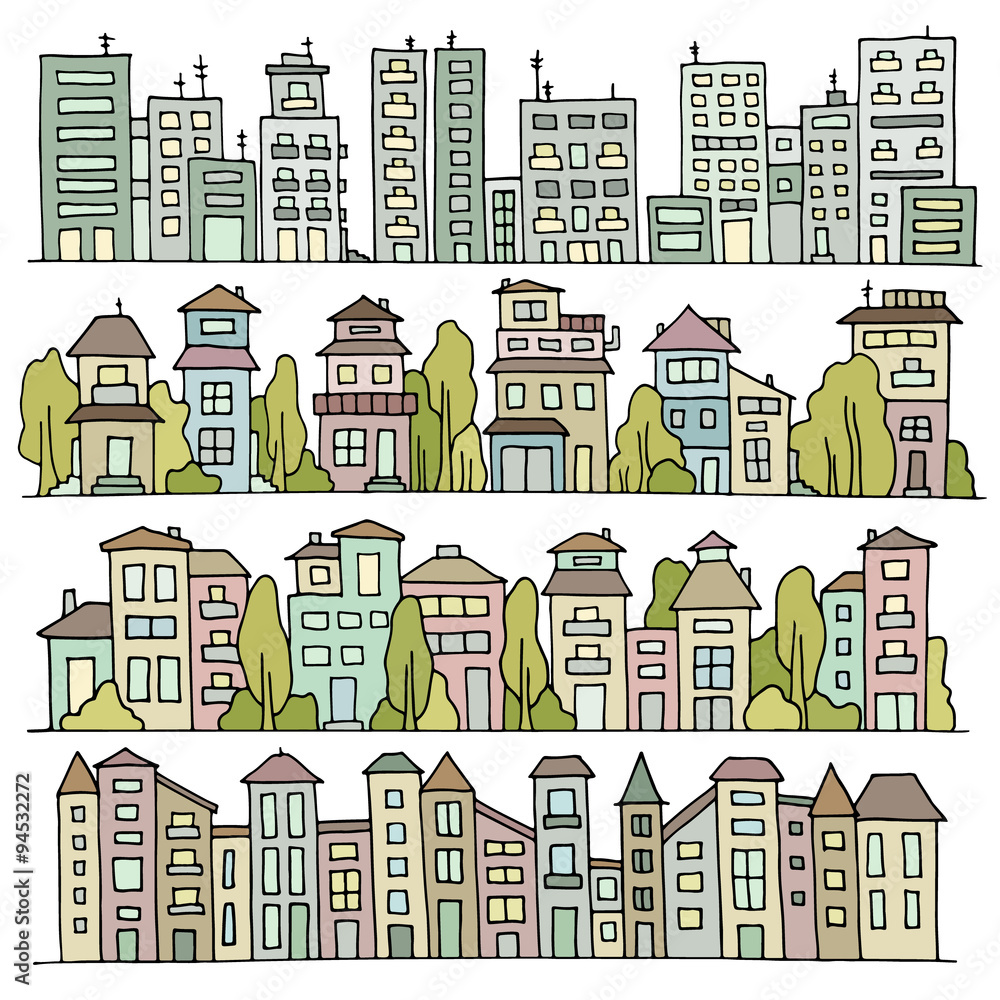 Sketch big city architecture with houses, skyscrapers, trees. Panorama set of streets in a row. Hand-drawn vector colored illustration isolated on white and organized in groups for easy editing.